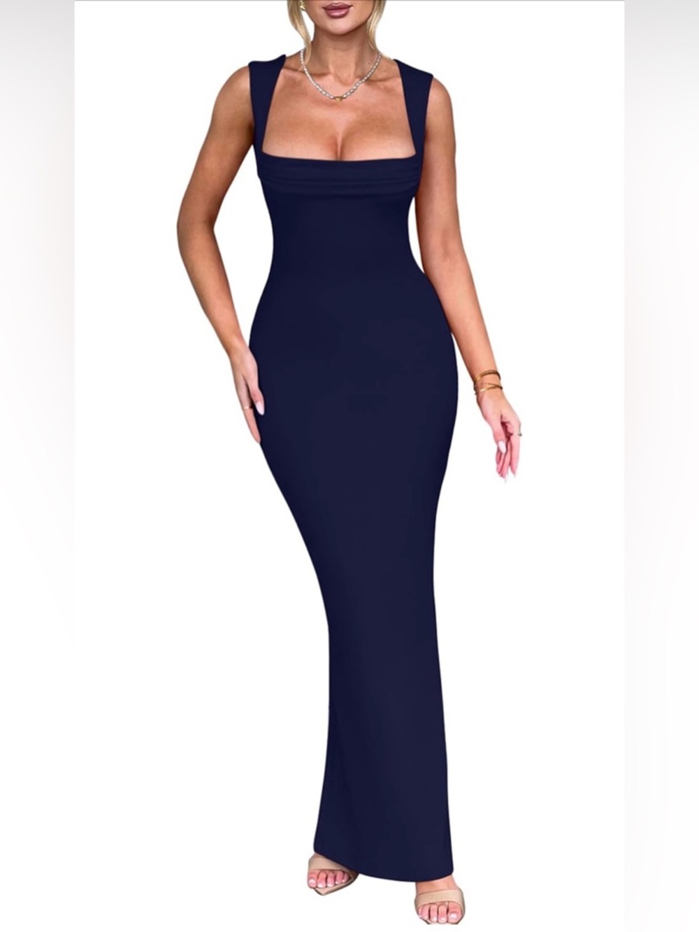 Elegant Navy Square-Neck Bodycon Maxi Dress